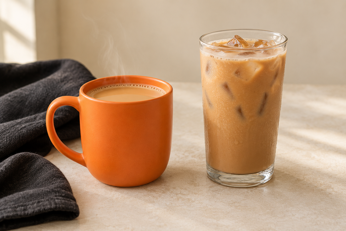 Hot chai in an orange mug beside iced chai in a glass on a cream counter