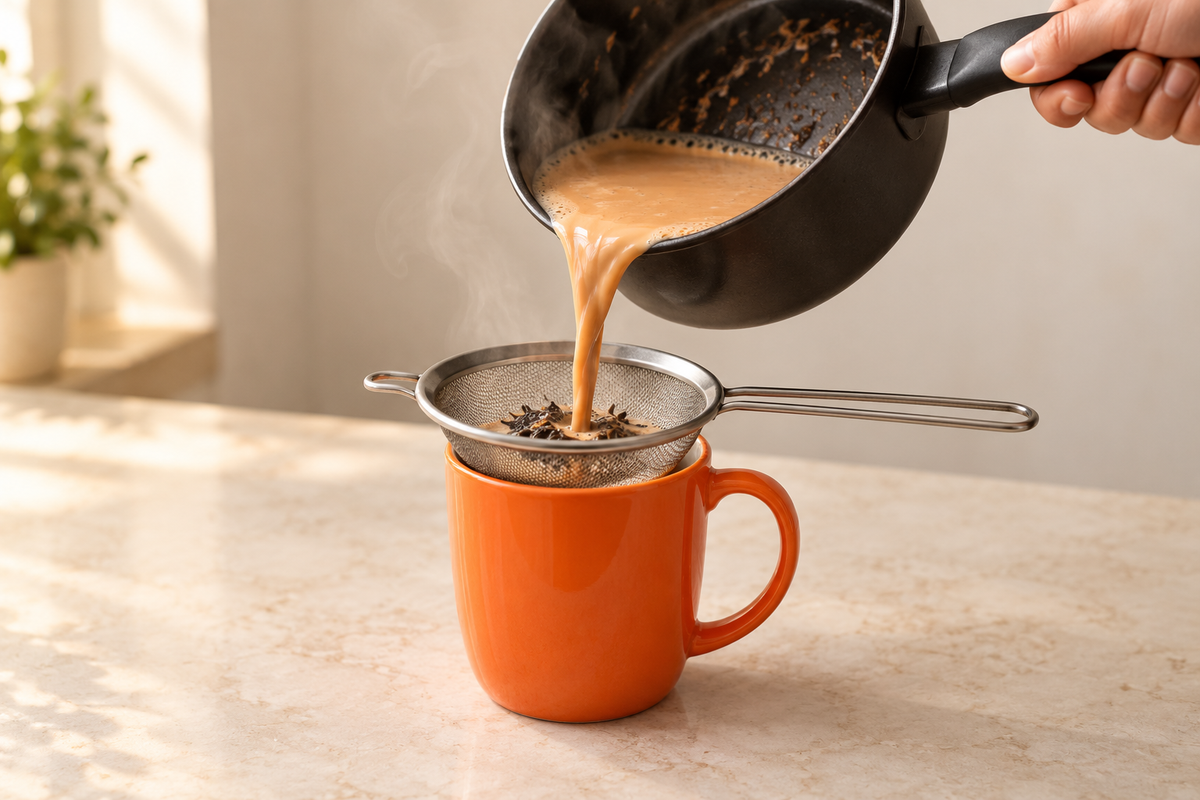 Warm milk chai poured through a fine mesh strainer into an orange mug