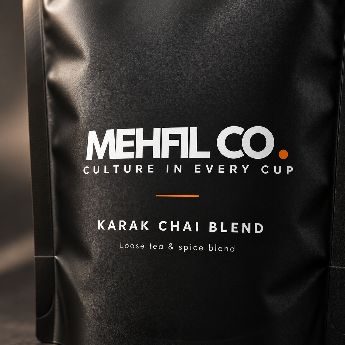 Close-up of the Mehfil Co. Karak Chai Blend label
