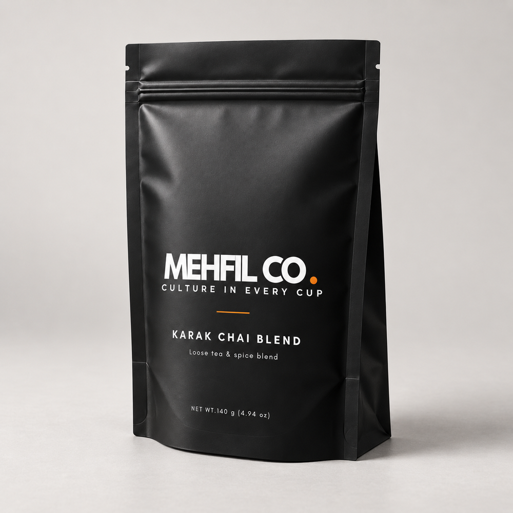 Mehfil Co. Karak Chai Blend black pouch, loose tea and spice blend, 140 g